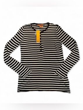 NWT Tory Burch Navy and Ivory Striped Sweater Henley Womens Size Medium